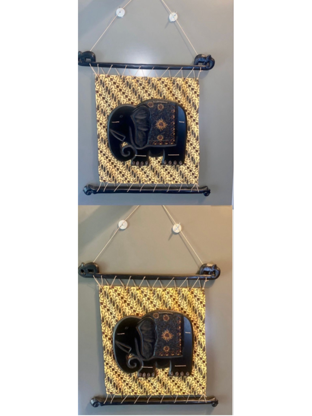 Carved Elephant wall hanging w/vintage teak wood on traditional batik fabric.